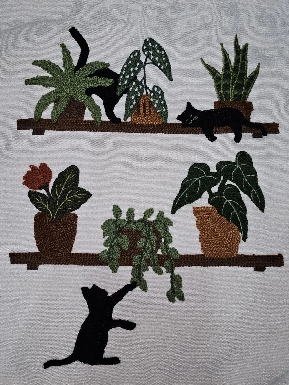 Cats & Plants Embroidered Textile Art Cottage Core Reusable Shopper Tote